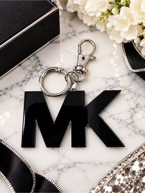 Handcrafted Black MK Style Bag Charm Keychain | Silver Tone Hardware